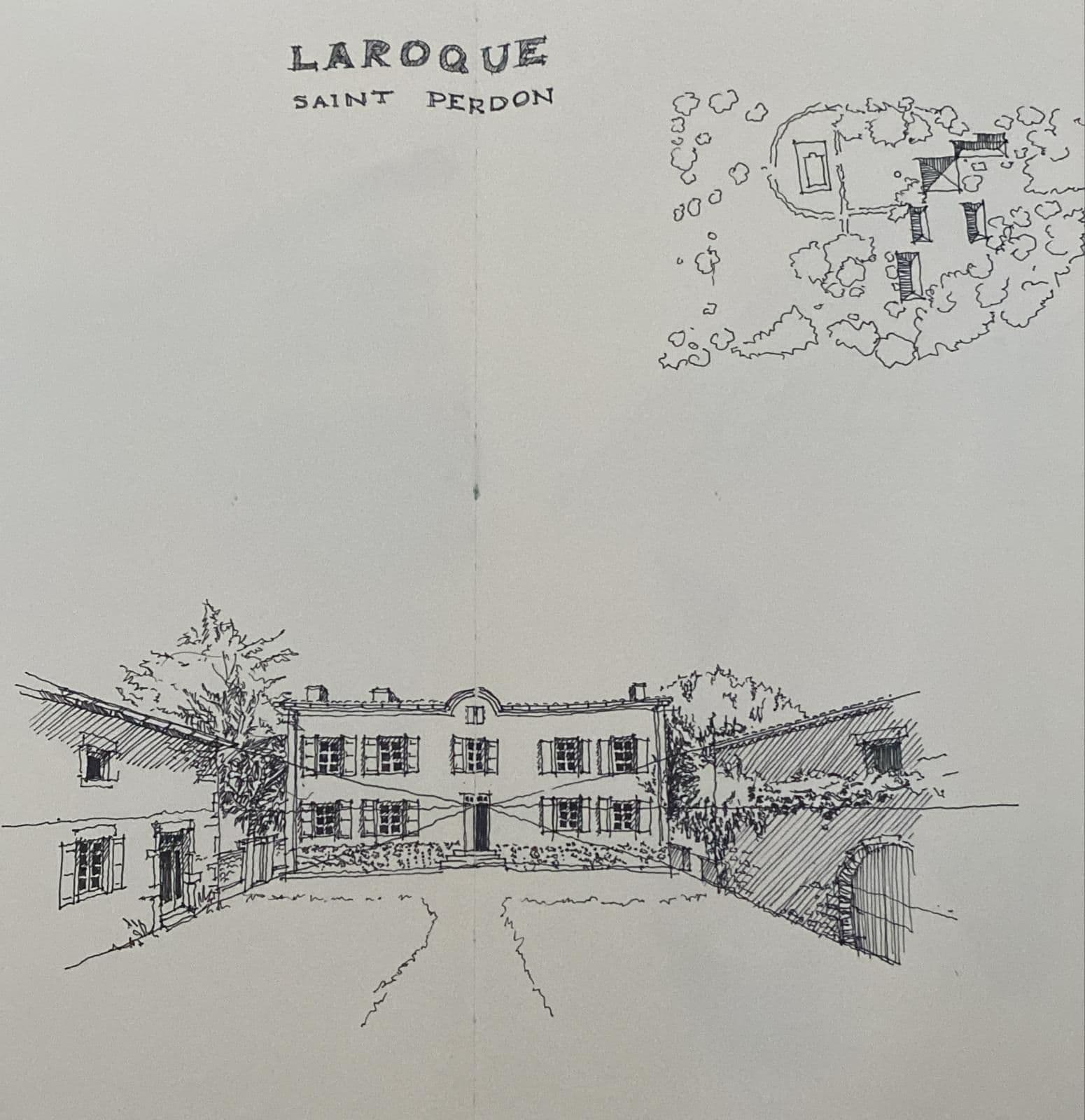 Larroque, Südfrankreich, Freihandzeichnung, Tinte auf Papier, 2025